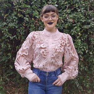 Karlie Pastel Pink Cutout Bishop / Balloon Sleeve Victorian Inspired Ren Top